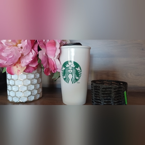Starbucks 2011 Logo Ceramic Travel Cup Tumbler 12oz With Reusable Cup Sleeve - Picture 1 of 8